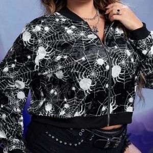 New Spider Web Print Velet Crop Bomber Jacket Sz 14